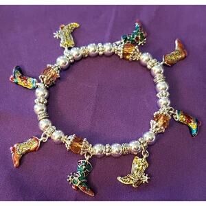 Colorful Western Boot Charm Stretch Bracelet, Yellow & Silver Tone Beads, New